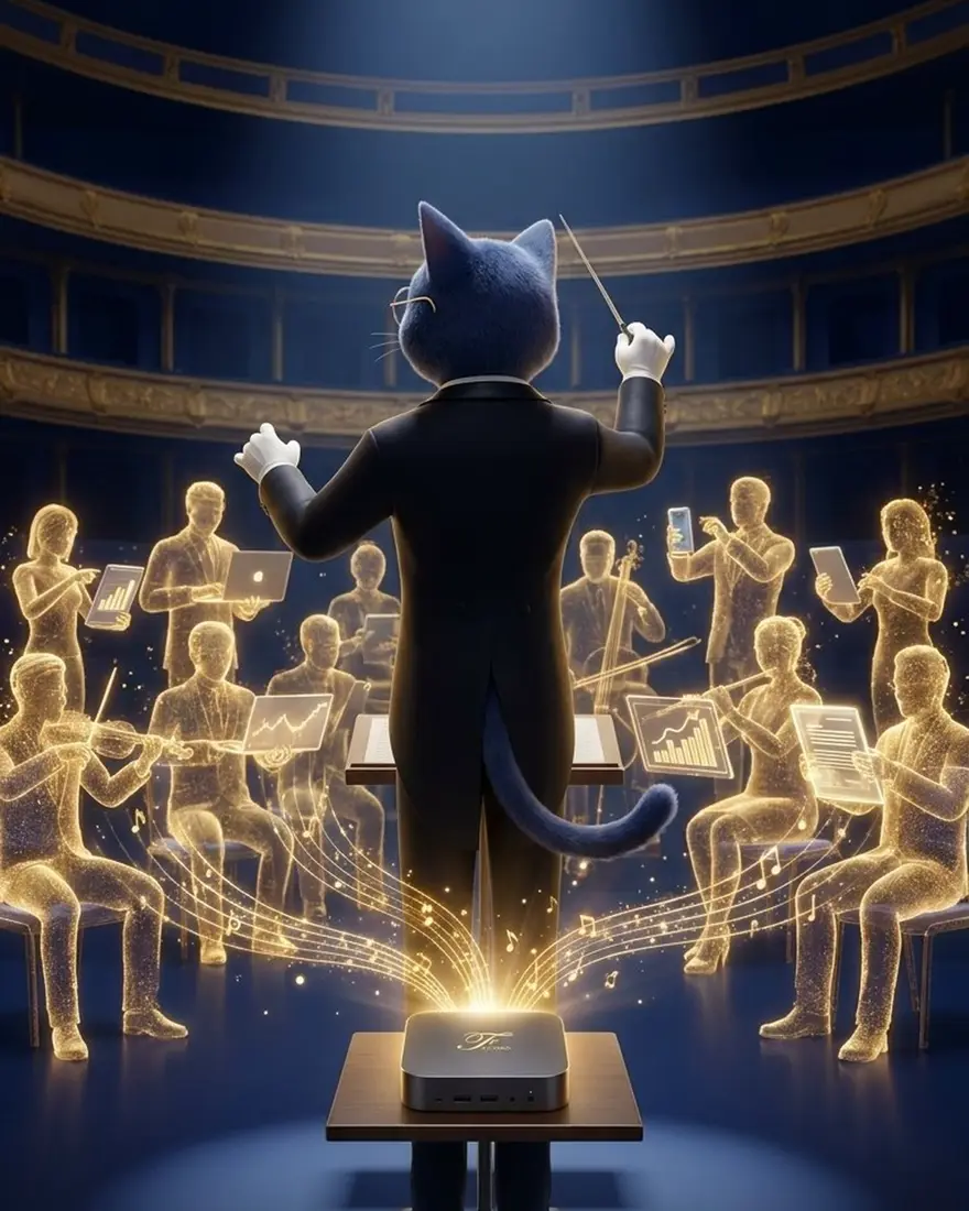 Figaro the cat conducting glowing AI agents