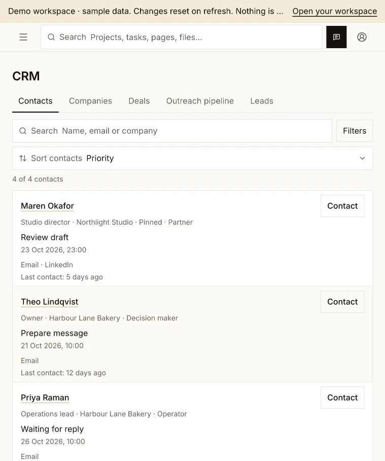 Figaro demo CRM showing contacts, outreach stages and each customer’s next action
